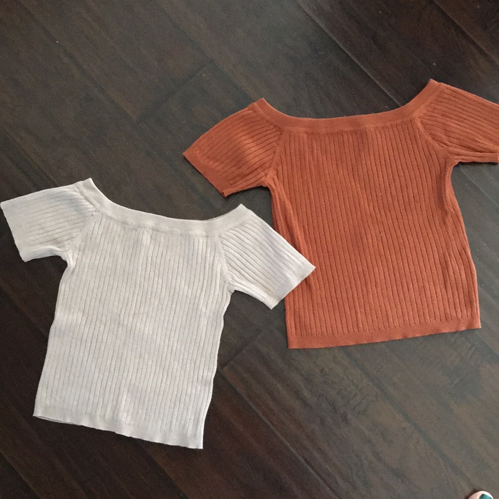 Pair of Forever21 off-shoulder crop tops